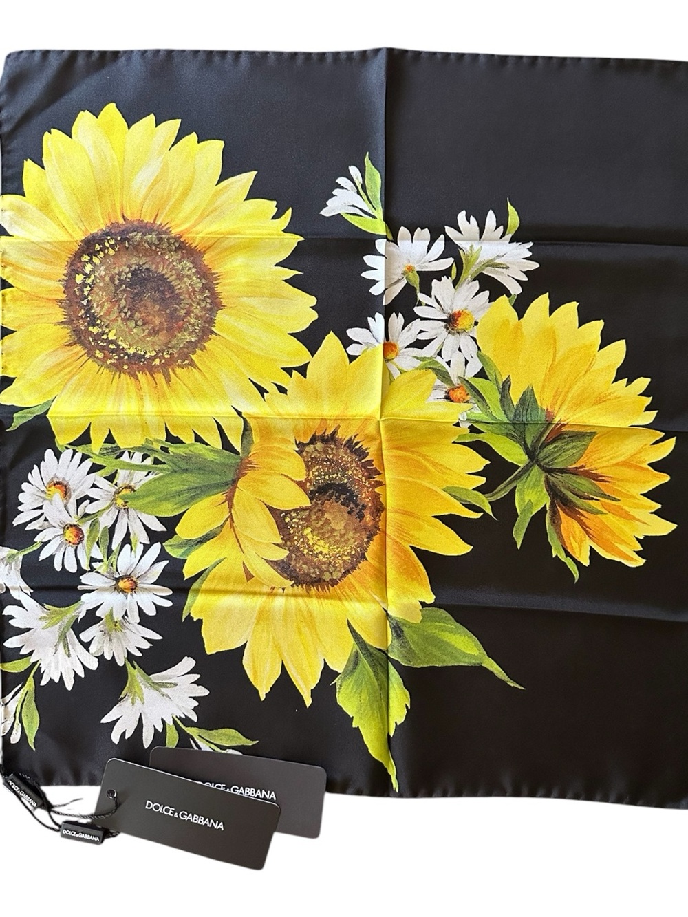 Dolce & Gabbana Sunflower Daisy Silk Scarf Black Yellow 45x45 NWT in Box